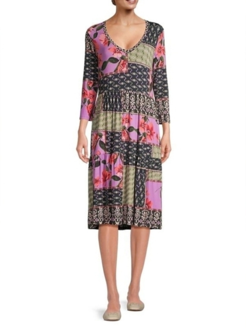 JOHNNY WAS XL Patchwork Floral V-Neck Midi Dress in Pink, Green, Peach, Black